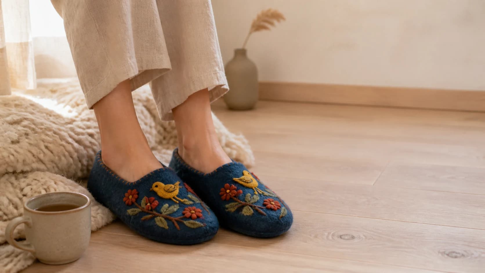 Feet in midnight blue hand-felted Nepalaya wool slippers on a pale oak floor