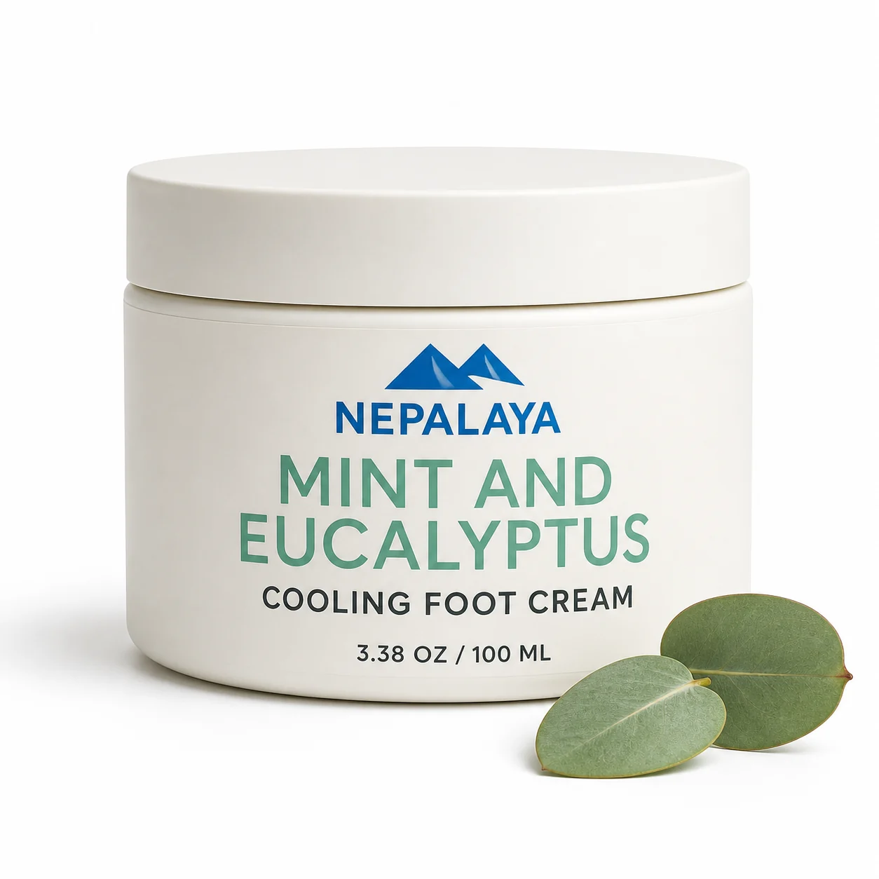 Nepalaya Mint and Eucalyptus Cooling Foot Cream in a matte off-white jar with eucalyptus leaves