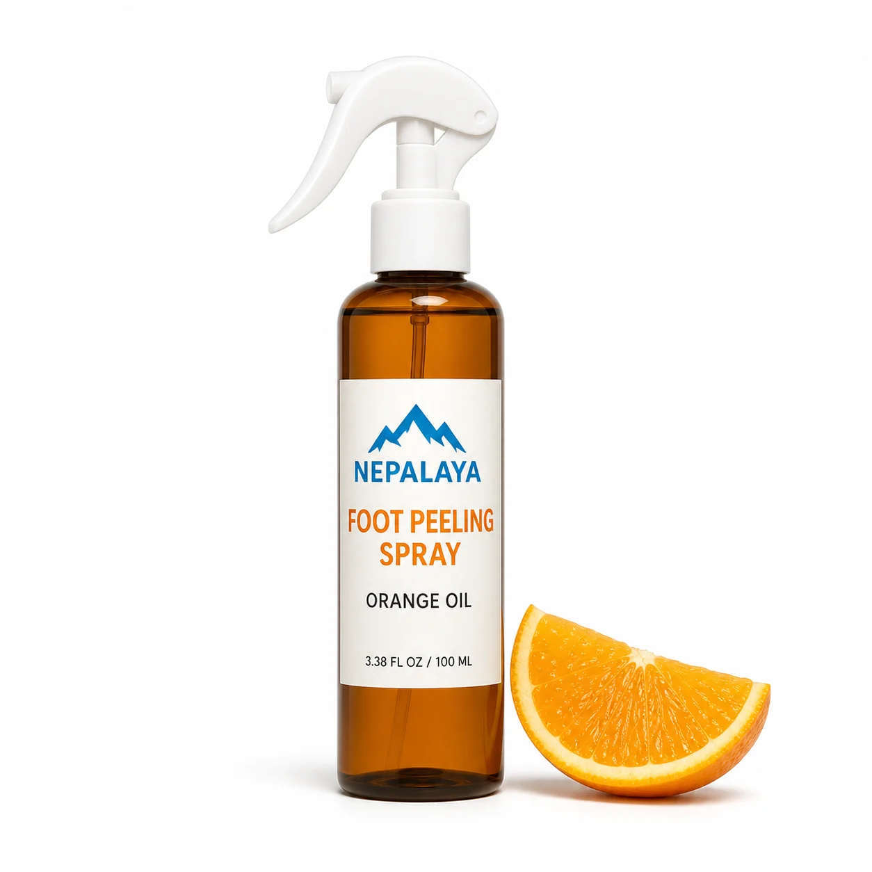 Nepalaya Orange Oil Foot Peeling Spray in an amber glass bottle with a white mist sprayer