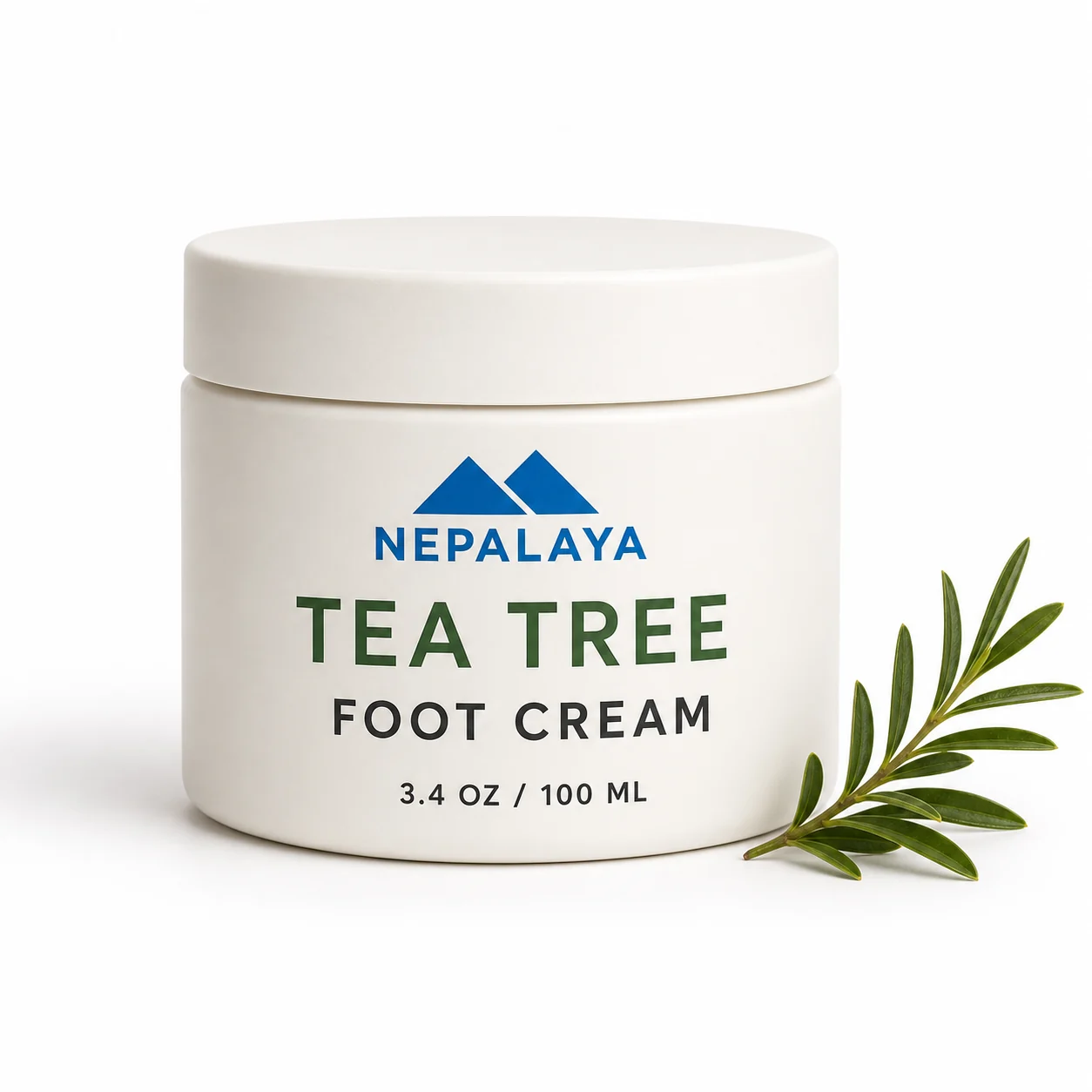 Nepalaya Tea Tree Foot Cream in a matte off-white 3.4 oz jar with a tea tree sprig